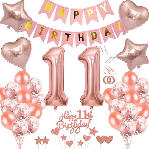 Neodtx 11 geburtstag mädchen geburtstagsdeko Tortendeko luftballons Rosegold folienballon 11 jahre geschenk Happy Birthday Girlande von NEODTX