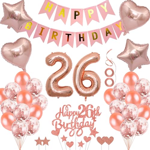 Neodtx 26. Geburtstag Mädchen Geburtstagsdeko Tortendeko luftballons Rosegold folienballon 26 jahre Frauen geschenk Happy Birthday Girlande für Geburtstagsdeko Geschenke für 26. Geburtstag von NEODTX