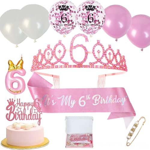 Neodtx 6. Geburtstag Mädchen 6 Jahre Rosa Geburtstagsdeko Schärpe Kinderkronen 11PCS Geschenk Set für 6 Geburtstagskrone Birthday Schärpe und Crown Tortendeko Luftballons Kerze 6th für Party Deko von NEODTX