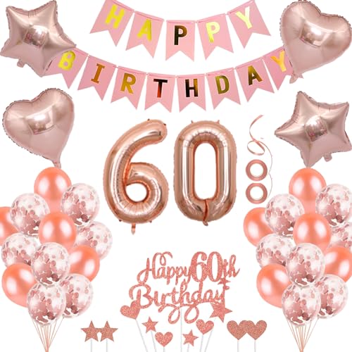 Neodtx 60. Geburtstag Mädchen Geburtstagsdeko Tortendeko luftballons Rosegold folienballon 60 jahre Frauen geschenk Happy Birthday Girlande für Geburtstagsdeko Geschenke für 60. Geburtstag von NEODTX