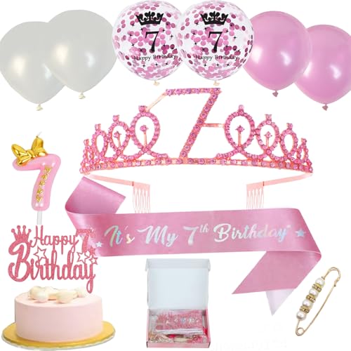 Neodtx 7. Geburtstag Mädchen 7 Jahre Rosa Geburtstagsdeko Schärpe Kinderkronen 11PCS Geschenk Set für 7 Geburtstagskrone Birthday Schärpe und Crown Tortendeko Luftballons Kerze 7th für Party Deko von NEODTX