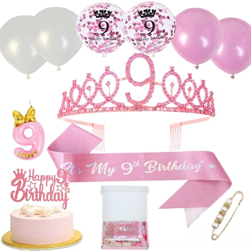 Neodtx 9. Geburtstag Mädchen 9 Jahre Geburtstagsdeko Schärpe Und Strass Geburtstag Crown "Happy 9th Birthday" Tortendeko Geburtstag,Luftballons,Kerze 9 Geburtstagsdeko Mädchen kinder Party Deko von NEODTX