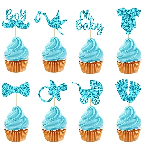 Neodtx It's A Boy Cupcake Topper Baby 32 Stück Babyparty Tortendeko Muffins Deko Boy Or Girl Blue Glitzer Baby Shower Oh Baby Boy junge Gender Reveal Party Party Taufe Dekoration von NEODTX