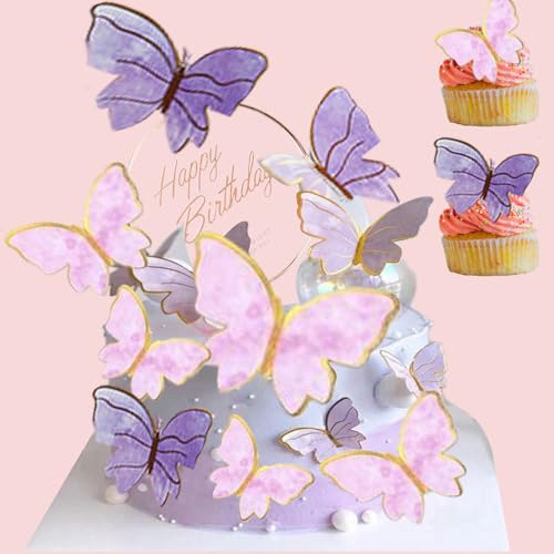 Neodtx Schmetterlinge Deko Torte 21 Stück Schmetterling Deko Geburtstag 3D Schmetterling Tortendeko Mädchen Happy Birthday Kuchen Deko Für Hochzeitstorte Deko Baby Party(1*Rosa Und Lila) von NEODTX