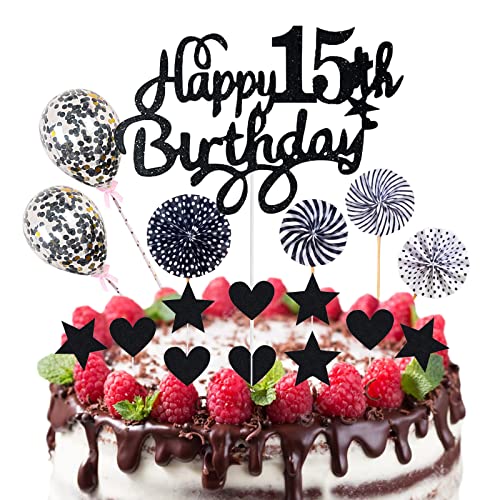 Neodtx Tortendeko Schwarz 15.Geburtstag Junge Deko 17 Stk Black Happy Birthday Torte Für 15 Jahre Mädchen Kuchen Glitzer Cake Topper Konfetti-Luftballons Papierfächer Party Deko von NEODTX