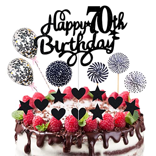 Neodtx Tortendeko Schwarz 70.Geburtstag männer Deko 17 Stk Black Happy Birthday Torte Für 70 Jahre Mann Mädchen Kuchen Glitzer Cake Topper Konfetti-Luftballons Papierfächer Party Deko von NEODTX