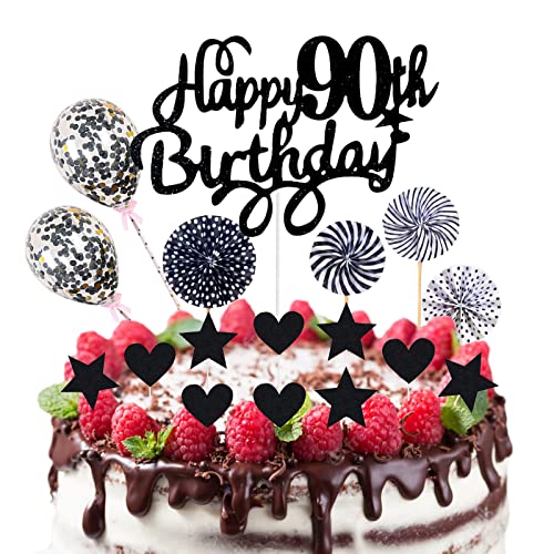 Neodtx Tortendeko Schwarz 90.Geburtstag männer Deko 17 Stk Black Happy Birthday Torte Für 90 Jahre Mann Mädchen Kuchen Glitzer Cake Topper Konfetti-Luftballons Papierfächer Party Deko von NEODTX