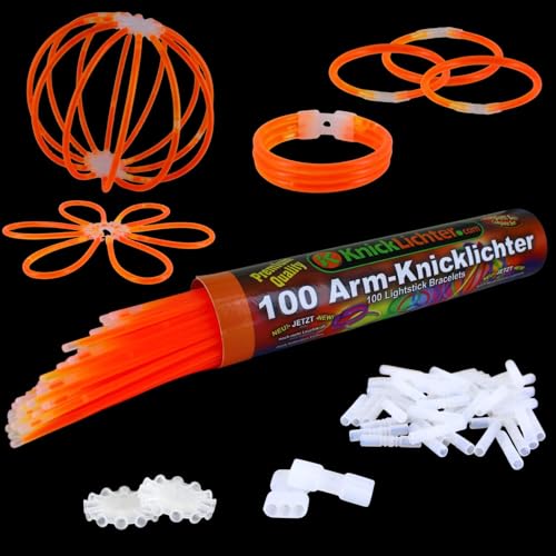 100 Arm Knicklichter | ORANGE | Geprüfte Qualität | Testurteil 1,4 sehr gut | 8h | 100 hoch elastische Verbinder | 2 Dreifach Connectoren | 2 Kreisverbinder, Menge:1 Rolle von NEON FUN