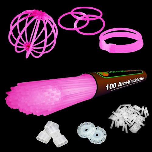 NEON FUN 100 Arm Knicklichter | freie Farbwahl | 8h | Geprüfte Qualität | Testurteil 1,4 sehr gut | 100 hoch elastische Verbinder | 2 Dreifach Connectoren | 2 Kreisverbinder, Farbe:Pink von NEON FUN