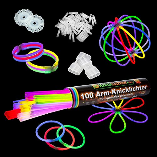 NEON FUN 100 Arm Knicklichter | freie Farbwahl | 8h | Geprüfte Qualität | Testurteil 1,4 sehr gut | 100 hoch elastische Verbinder | 2 Dreifach Connectoren | 2 Kreisverbinder, Farbe:8 Farbmix von NEON FUN