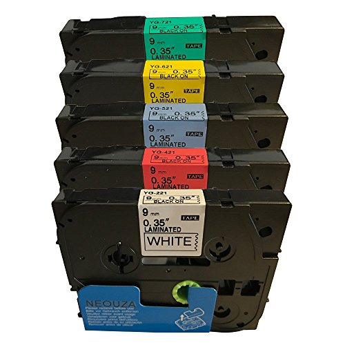 NEOUZA 5PK kompatibel für Brother P-Touch laminiertes TZe TZ Etikettenband, 9 mm x 8 m, TZe221 TZe421 TZe521 TZe621 TZe721 (schwarzer Druck auf weiß, rot, blau, gelb, grün) von NEOUZA