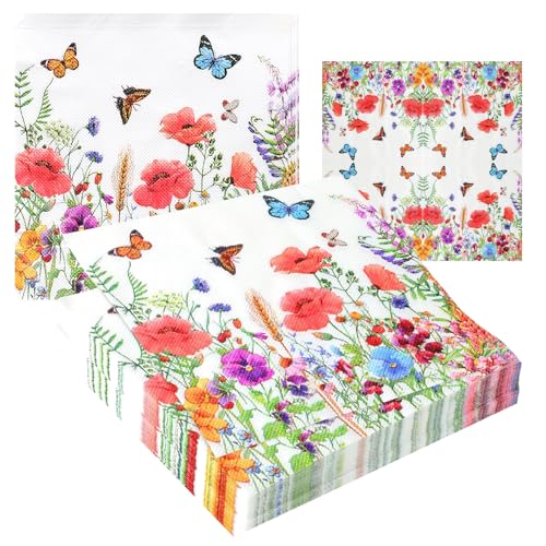 80 Stück Papierservietten mit Blumen Serviette Papierserviette Blumenwiese Schmetterlinge Servietten Blumenmuster für Party Dekoration,Frühling Geburtstage Partys Hochzeiten Feiern 33x33cm von NEOVSUNY