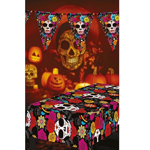 NET TOYS La Catrina Tischdecke - Bunt 137x274cm - Schaurige Party-Dekoration Tag der Toten Tischtuch - Day of The Dead Tischläufer für Halloween & Horror-Party von NET TOYS