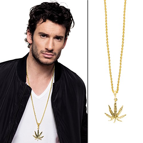 NET TOYS Cannabis Kette Halskette Hanfblatt Gold Goldkettchen mit Hanf Anhänger Rapper Schmuckkette Gangster von NET TOYS
