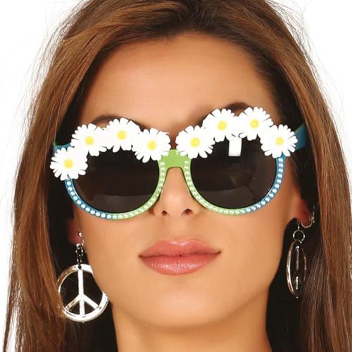 NET TOYS Flower Power Brille Hippiebrille mit Margeriten Hippie Sonnenbrille Schlagermove Blütenbrille 1960er von NET TOYS