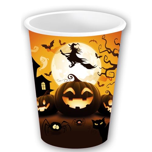 NET TOYS Halloween Pappbecher mit Kürbis - Orange-Schwarz 240ml - Schöne Party-Dekoration Einwegbecher mit Hexen-Motiv - Spooky Party-Becher für Gruselparty & Mottoparty von NET TOYS