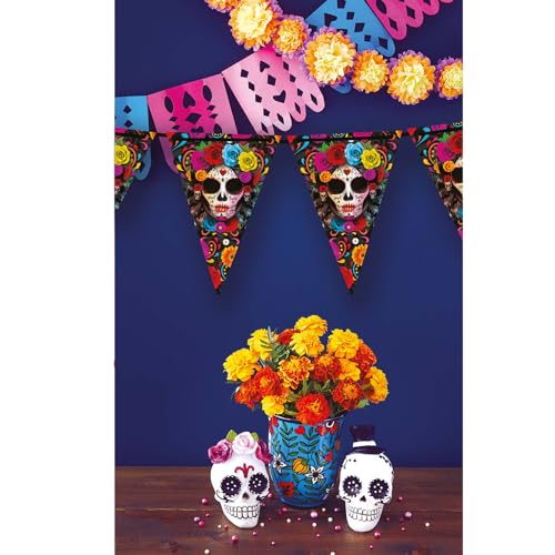 NET TOYS La Catrina Wimpelgirlande - Bunt 19x27cm / 300cm - Schaurige Party-Dekoration Tag der Toten Girlande - Day of The Dead Party-Girlande für Halloween & Horror-Party von NET TOYS