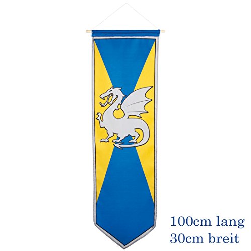 NET TOYS Ritterwappen mit Drachen Mittelalter Standarte 100 x 30 cm gelb-blau Fahne mit Wappen Flagge Mottoparty von NET TOYS