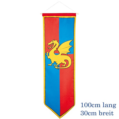 NET TOYS Ritterwappen mit Drachen Mittelalter Standarte 100 x 30 cm rot-blau Fahne mit Wappen Flagge Mottoparty von NET TOYS