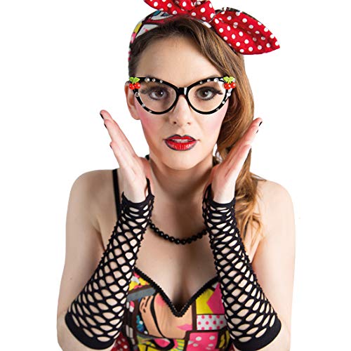 NET TOYS Schicke Rockabilly Brille mit Kirschen für Damen - Attraktives Frauen-Kostüm-Zubehör Retro Karnevalsbrille Cat-Eye - Genau richtig für Karneval & Mottoparty von NET TOYS