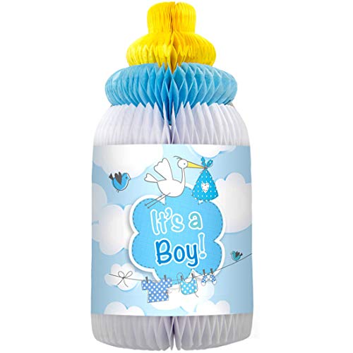 NET TOYS Süßer Honeycomb Babyflasche zur Babyparty Junge - Blau-Weiß 28x12cm, zum Aufstellen - Niedliche Party-Dekoration Honigwabe als Baby Shower Deko - Wie geschaffen für Geburt & Taufe von NET TOYS