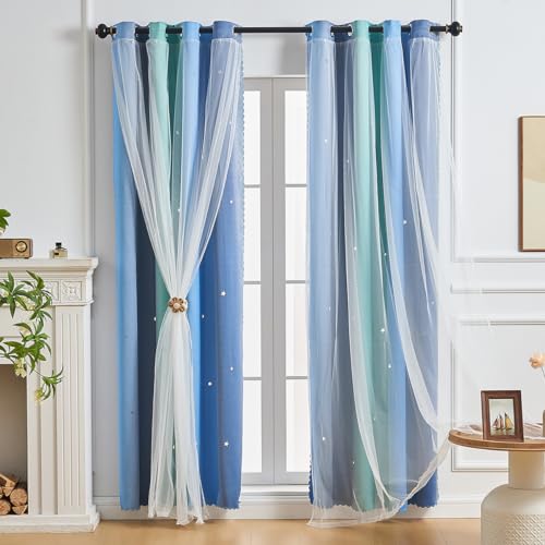 NETMEO 2 Paneele Verdunkelungsvorhänge mit Regenbogenmotiv, Vorhänge für Mädchenprinzessinnen, Fenster mit Einhornmotiv (Blau Grün Grau, B132xH160cm) von NETMEO