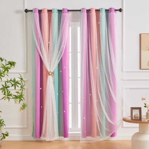 NETMEO 2 Paneele Vorhänge für Mädchenschlafzimmer, Fenster für Kinderzimmer und Töchterschlafzimmer, Sternform, Ösenvorhänge (Rosa Lila Blau, B132xH213cm) von NETMEO