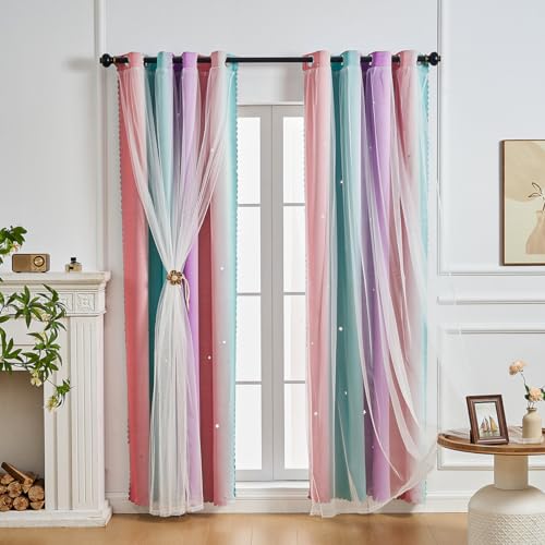 NETMEO Verdunkelungsvorhänge für Mädchen, 2 Paneele für Mädchen mit Prinzessinnenmotiv, Fenster für Kinderzimmer, Schlafzimmerzubehör für Prinzessinnen (Rosa Lila Grün, B132xH213cm) von NETMEO