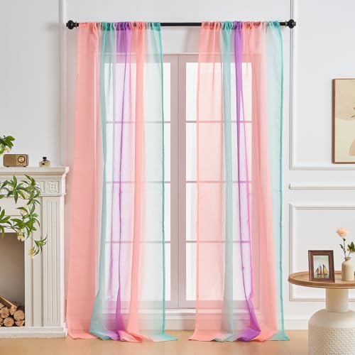 NETMEO 2 Paneele transparente Vorhänge, Vorhänge für Mädchenzimmer, Schlafzimmerdekor Einhornvorhänge, durchscheinende Vorhänge (Rosa Grün Grau, 2P × B132xH160 cm) von NETMEO