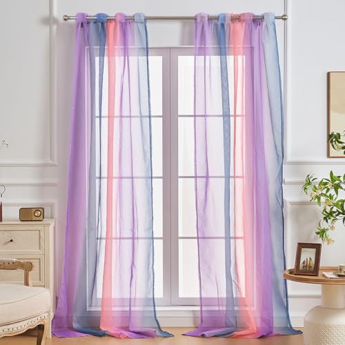 NETMEO 2 Paneele transparente Vorhänge, Vorhänge für Mädchenzimmer, Schlafzimmerdekor-Vorhänge mit Einhornmotiv, lichtdurchlässige Vorhänge für das Wohnzimmer (Grau Rosa Lila, B132xH160 cm) von NETMEO