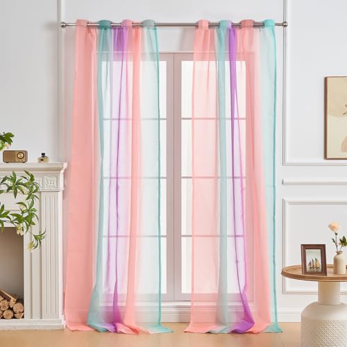 NETMEO 2 Paneele transparente Vorhänge, Vorhänge für Mädchenzimmer, Schlafzimmerdekor-Vorhänge mit Einhornmotiv, lichtdurchlässige Vorhänge für das Wohnzimmer (Rosa Grün Lila, B132xH213 cm) von NETMEO