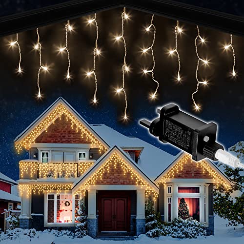 Eiszapfen Lichter Außen Weihnachten 480 LED 15m beleuchtete Länge, Warmweiße LED Eiszapfen Lichterkette mit Speicher, 8 Stunden auf Timer, 8 Leuchtmodi, Netzbetrieb - 480 LED, Warmweiß von NETTA