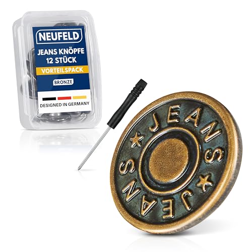 NEUFELD® 12x Hosenknöpfe zum Stecken (inkl. Box & Schraubenzieher) - Knöpfe Hosen enger machen - Button Pins - Jeans Knöpfe ohne Nähen von NEUFELD