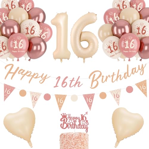 Deko 16 Geburtstag Mädchen, Retro Blush Pink Ballons, 16. Geburtstag Banner, Einzigartige Dreieck Flagge Banner, luftballon 16, Rose Gold White Sand Nude Ballon-Set von NEUFOOD