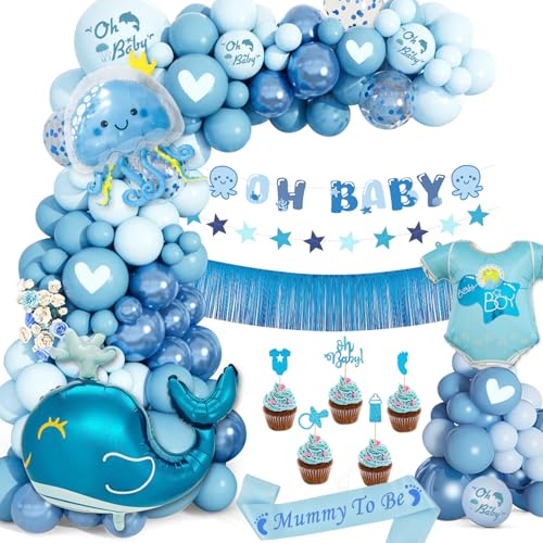 Babyparty Deko Junge, Baby Shower Deko Junge Inklusive Mommy to Be Sash, Quallen/Wal-Ballon, OH BABY Banner, 5 Stück Tortendeko, Baby Party Dekoration, Blau Babyparty Deko Junge Ballon Girlande von NEUFOOD