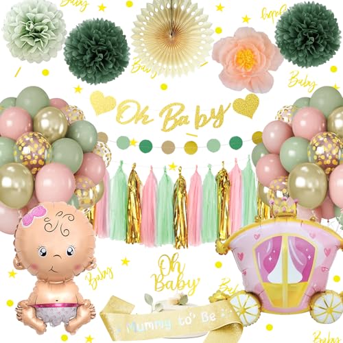 Babyparty Deko Mädchen, Baby Shower Deko Junge Mädchen mit Luftballoons Grüne Rosa Gold,Banner für Baby Dusche,Mommy to Be Sash für Babyshowerparty, Gender Reveal Party Dekoration Boy Girl von NEUFOOD