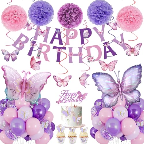 Balloon Schmetterling Geburtstagsdeko Mädchen, Schmetterling Deko Kindergeburtstag, Rosa Violette Luftballons Geburtstag Schmetterling mit Hängende Wirbel Schmetterling Luftballons von NEUFOOD