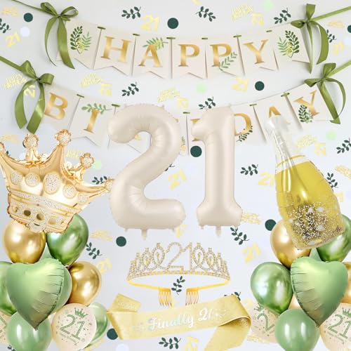 21 Geburtstag Deko, 21. Geburtstag Männer Frauen Dekorationen Banner, Grün und Gold Party Dekoration Set mit 21. Geburtstag Luftballons, Gold 21. Schärpe und Tiara, Konfetti 21. Geburtstag Deko von NEUFOOD