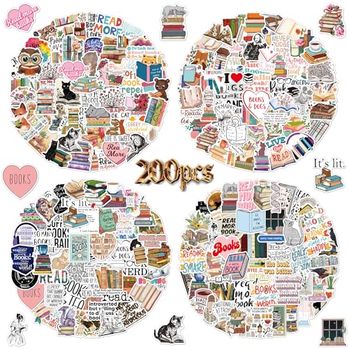 200 Stück Buchaufkleber, Lesen Vintage Aufkleber Pack Reading Sticker Set Wasserdichte Vinyl Graffiti Vintage Decal für Laptop Skateboard Gepäck, Teenager, Lehrer von NEULEBEN