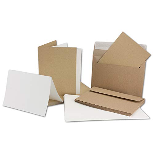 100 x Kraftpapier Faltkarten-Set DIN C6 /A6 - Doppel-Klappkarten + Einlegeblätter in creme mit Umschläge C6 - Vintage-Naturpapier - braun von NEUSER PAPIER