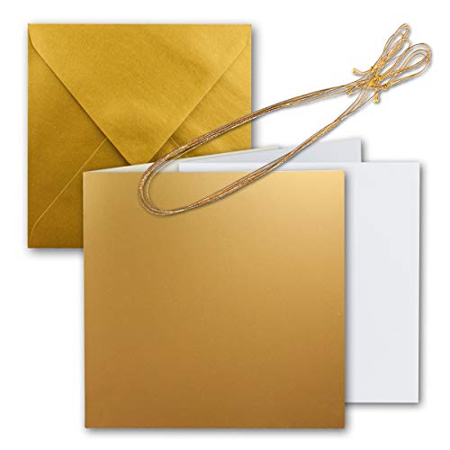 100x Quadratisches Faltkarten Set 15 x 15 cm - mit Briefumschlägen & Einlegeblätter & Schmuckband - Gold Metallic - für Einladungskarten, Hochzeit, Weihnachten - von GUSTAV NEUSER von NEUSER PAPIER