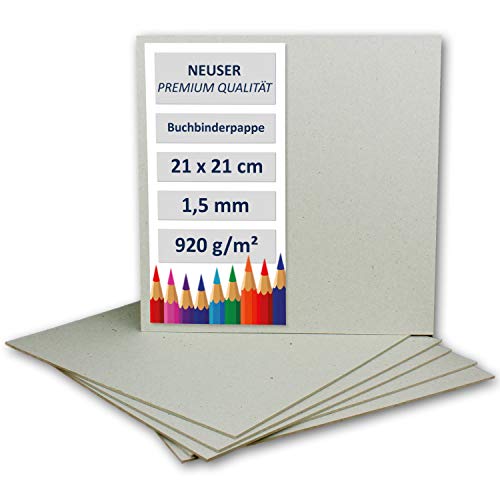 NEUSER PAPIER 20 Stück Buchbinderpappe Quadratisch - Stärke 1,5 mm (0,15 cm) - Grammatur: 920 g/m² - Format: 21 x 21 cm - Farbe: Grau-Braun von NEUSER PAPIER