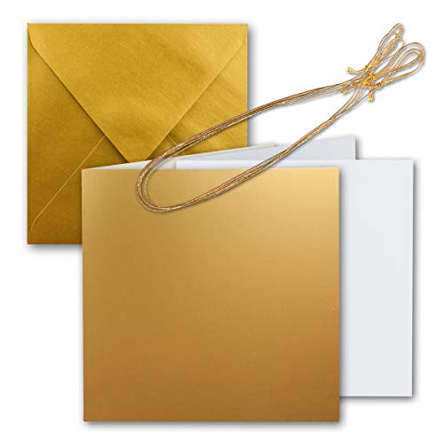 200x Quadratisches Faltkarten Set 15 x 15 cm - mit Briefumschlägen & Einlegeblättern & Schmuckband - Gold Metallic - für Einladungskarten, Hochzeit, Weihnachten - von GUSTAV NEUSER von NEUSER PAPIER