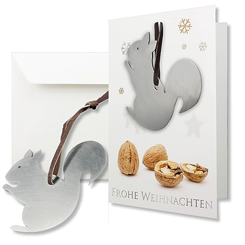 2x Grußkarten Doppelkarten mit echtem Edelstahl-Nussknacker Form Eichhörnchen und Lederband inklusive Umschlägen in Naturweiß Format DIN B6 von NEUSER PAPIER