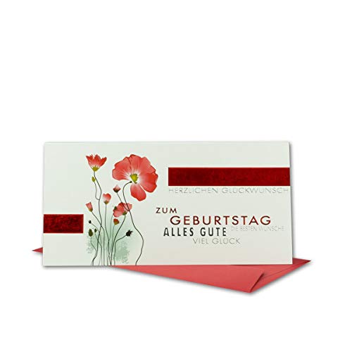 Geburtstagskarten Set 10 Stück mit Umschlag Rot DIN Lang - Motiv Mohnblume Rot - Hochwertige Rotfolienprägung - Glückwunschkarte Geburtstag Klappkarte von NEUSER PAPIER