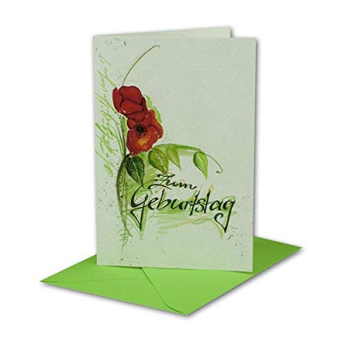 Geburtstagskarten Set 100 Stück mit Umschlag Grün DIN B6 - Motiv Aquarell Mohnblume Rot Grün - Zum Geburtstag - Glückwunschkarte Geburtstag Klappkarte von NEUSER PAPIER