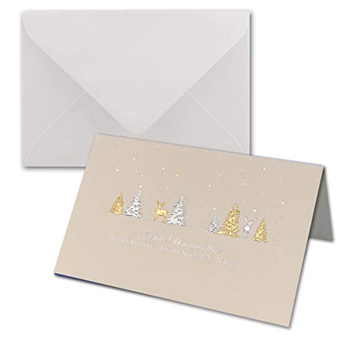 NEUSER PAPIER 100 Sets Weihnachtskarten DIN B6 ÖKO-Doppelkarten mit hochwertiger Gold-Silber Metallic-Prägung - Weihnachtswald mit Hirschen - Inklusive Umschläge in Weiß - Format 17,0 x 11,5 cm von NEUSER PAPIER