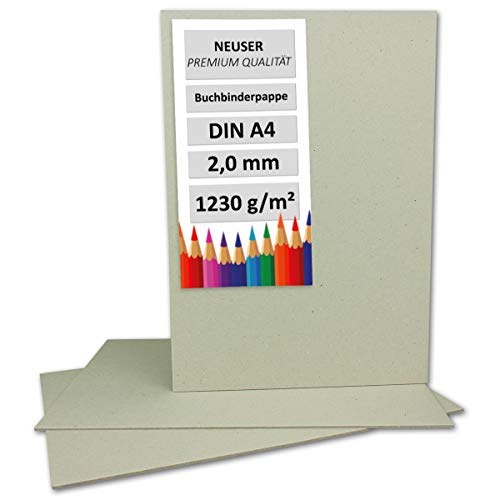 NEUSER PAPIER 200 Stück Buchbinderpappe DIN A4 - Stärke 2,0 mm (0,20 cm) - Grammatur: 1230 g/m² - Format: 29,7 x 21 cm - Farbe: Grau-Braun von NEUSER PAPIER