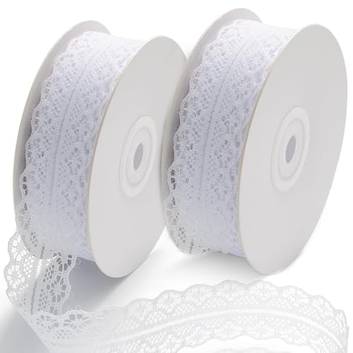 2 Rolls Spitzenband Weiß Vintage, 45 Meter Weiss Spitzenbordüre zum Nähen Dekoband Spitze Bände für Hochzeit Tischdeko Basteln Geschenkband Kraftpapier (30 mm Breit) von NEUSID