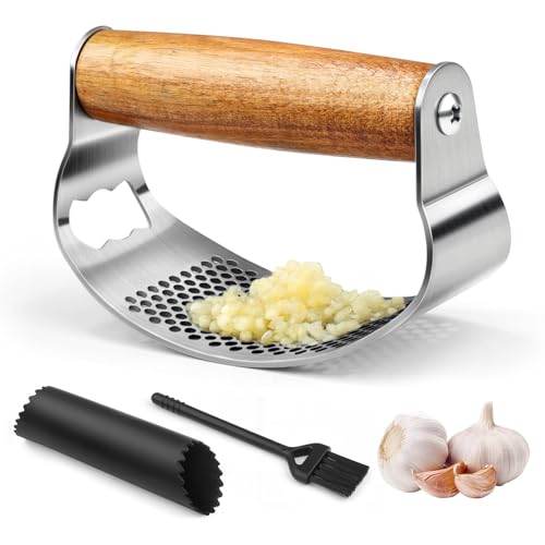 NEUTYPECHIC Knoblauchpresse Edelstahl, Garlic Press Holzgriff, Knoblauchpresse Wippe mit Flaschenöffner, Knoblauchwippe Geeignet zum Zerkleinern von Knoblauch und Lngwer Lngwer und Kartoffelpüree von NEUTYPECHIC